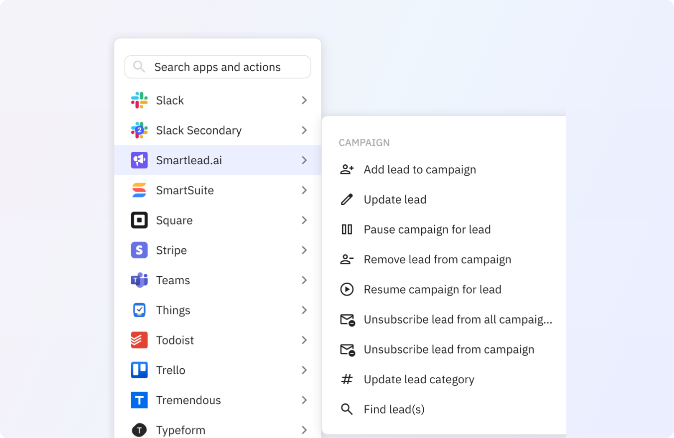 Preview of Use any of these Smartlead.ai actions in your Relay.app workflows.