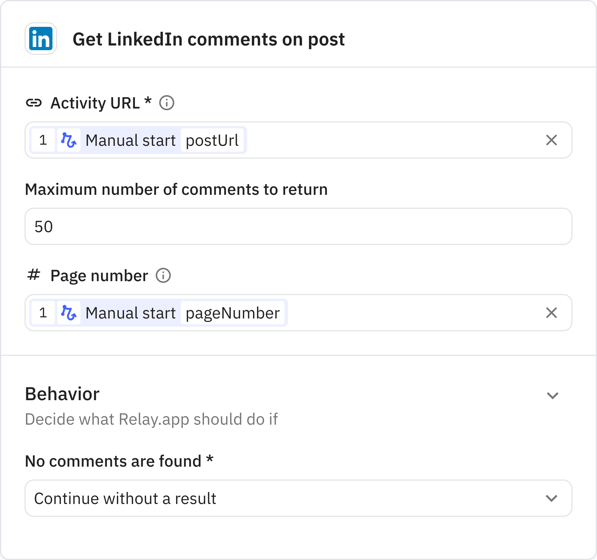 Relay.app screenshot of: Get LinkedIn comments on post