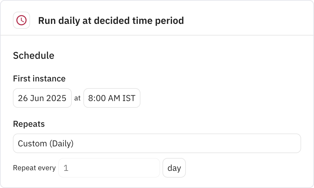 Relay.app screenshot of: Run daily at decided time period