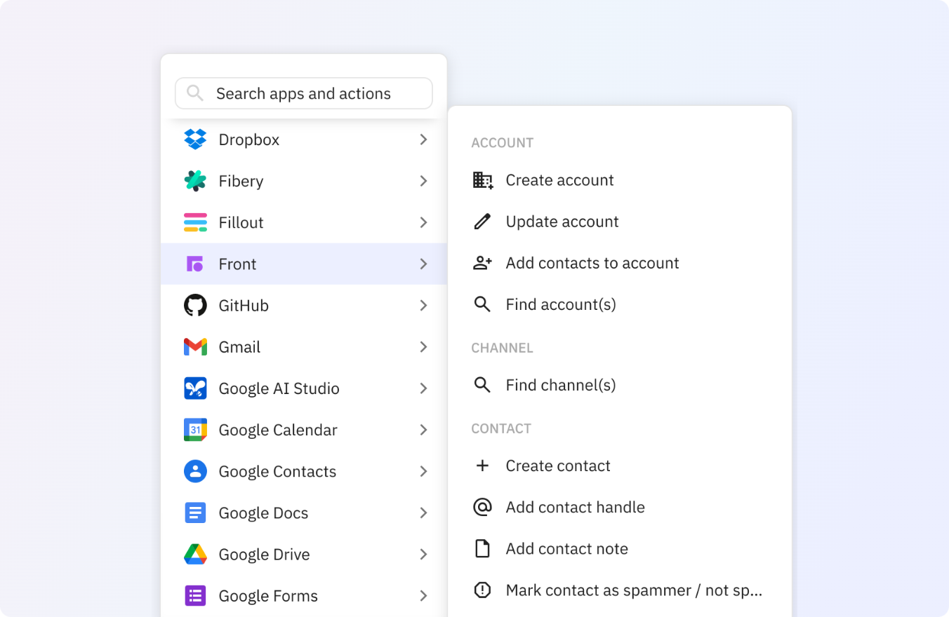 Preview of Use any of these Front actions in your Relay.app workflows.