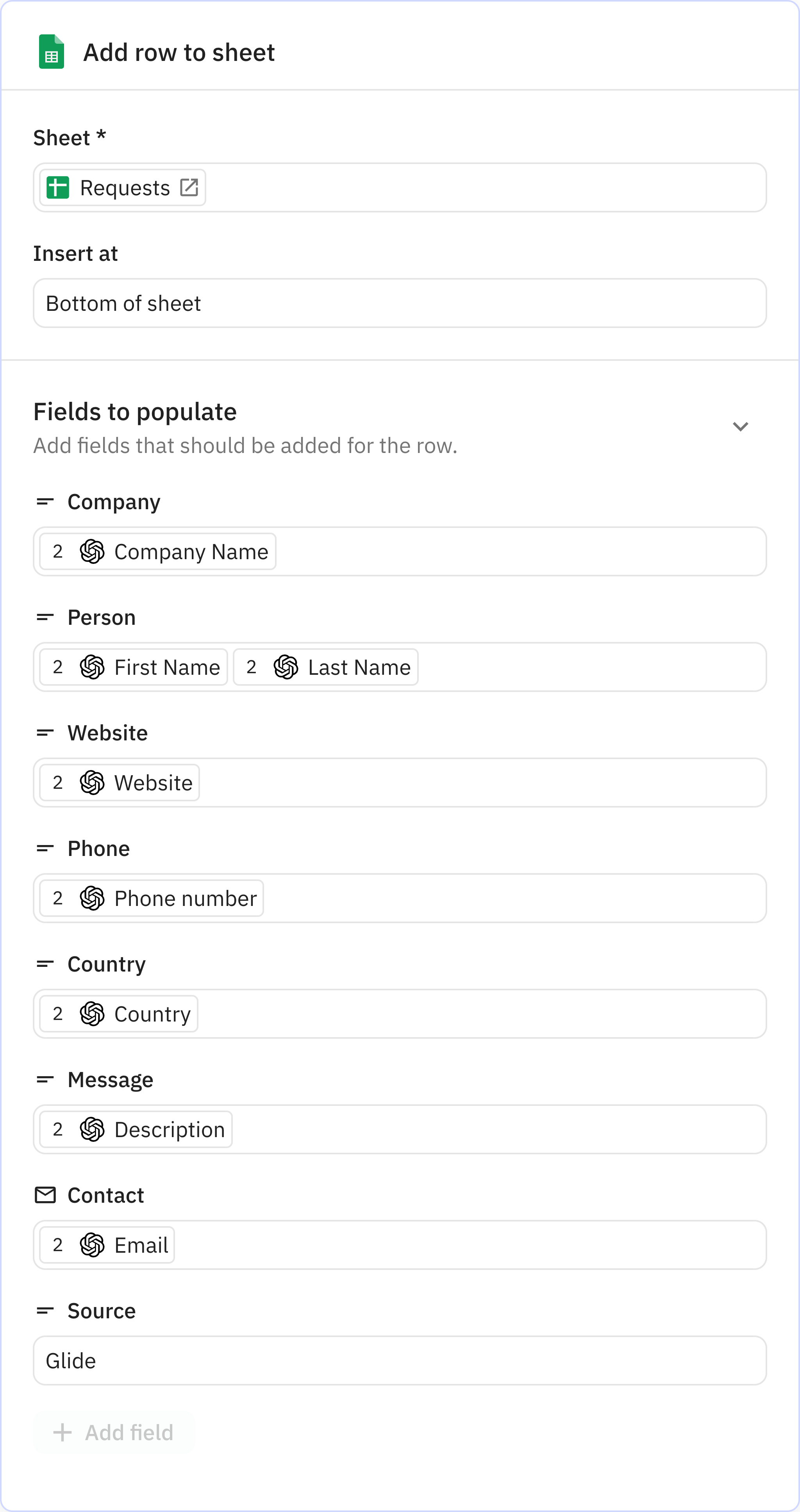 Relay.app screenshot of: Add row to sheet