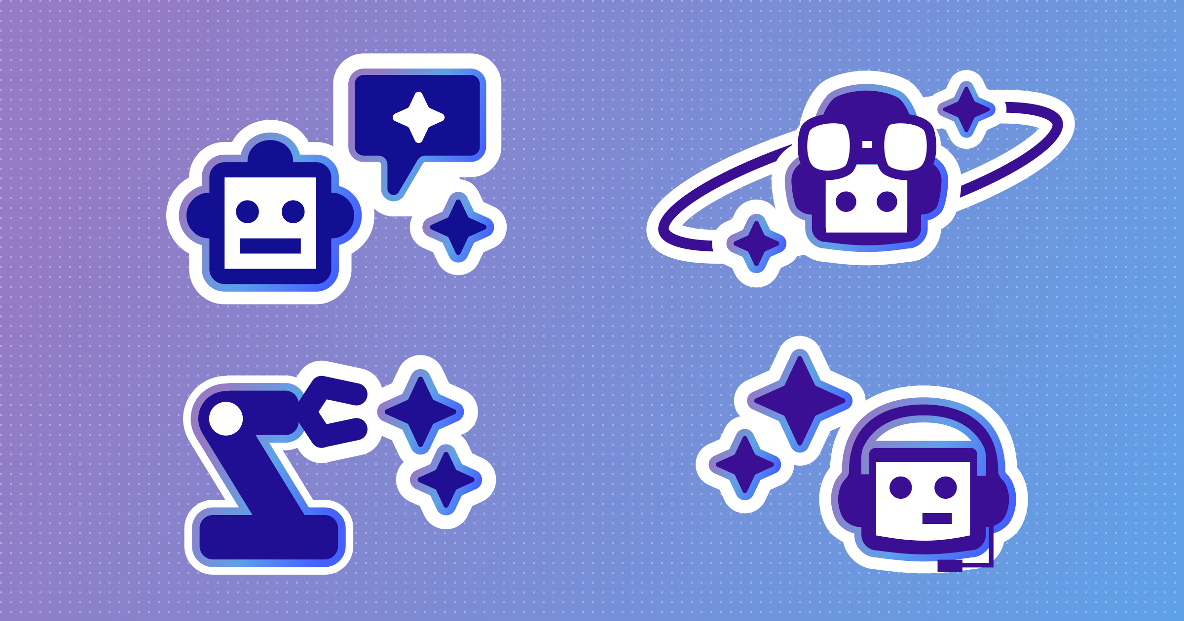 Decorative icons representing AI bots
