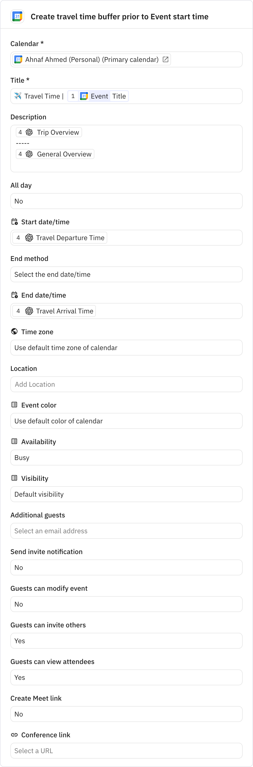Relay.app screenshot of: Create travel time buffer prior to Event start time