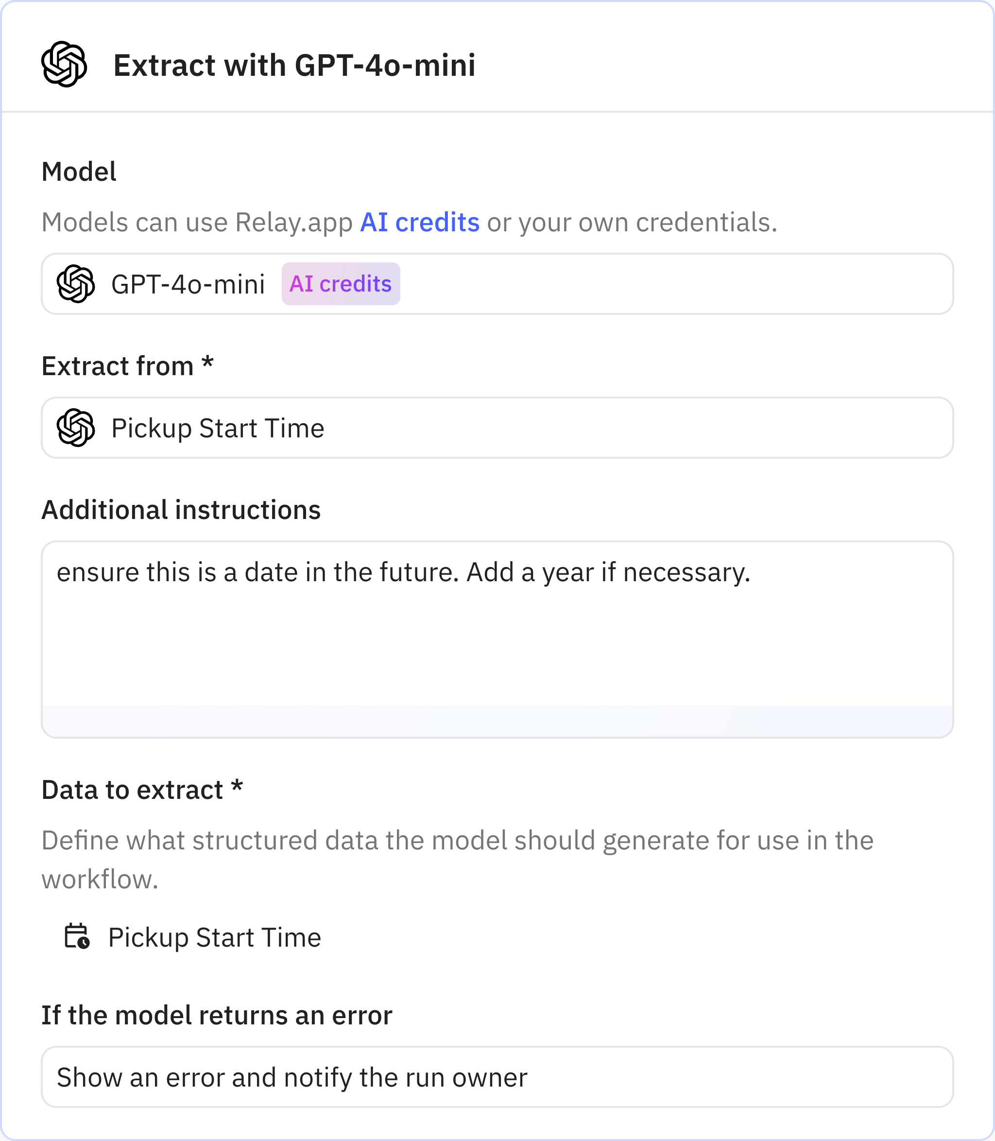 Relay.app screenshot of: Extract with GPT-4o-mini