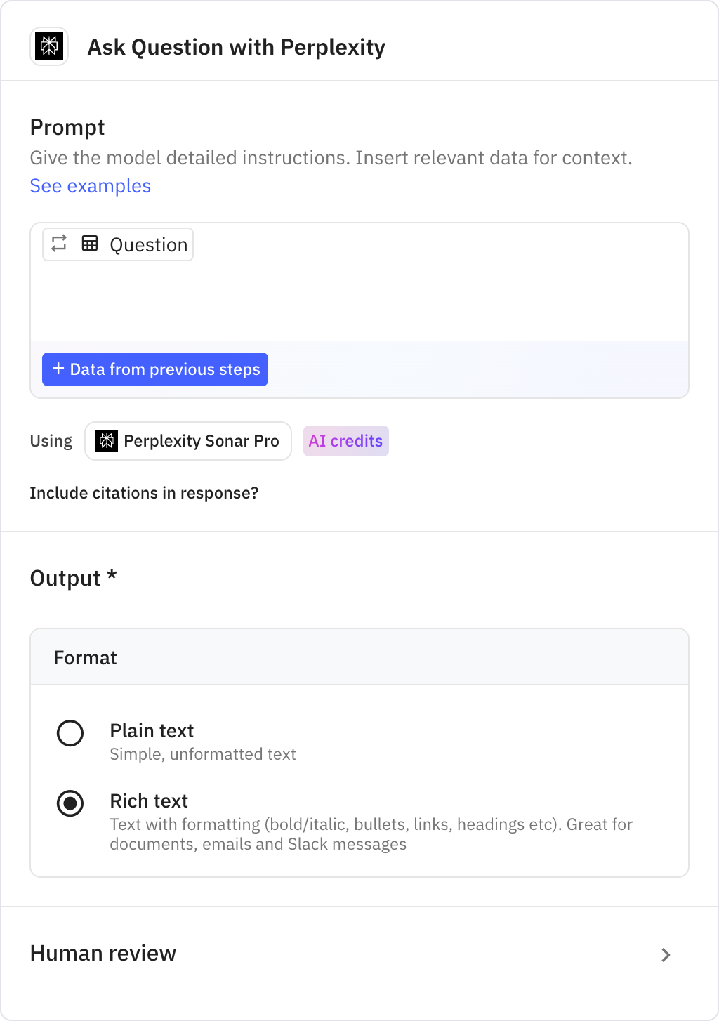 Relay.app screenshot of: Ask Question with Perplexity