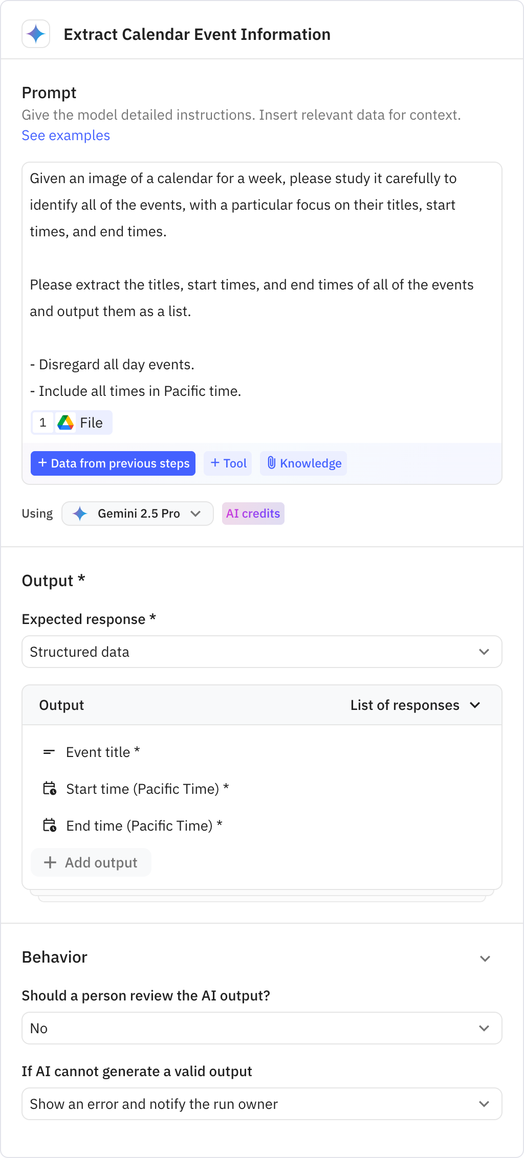 Relay.app screenshot of: Extract Calendar Event Information
