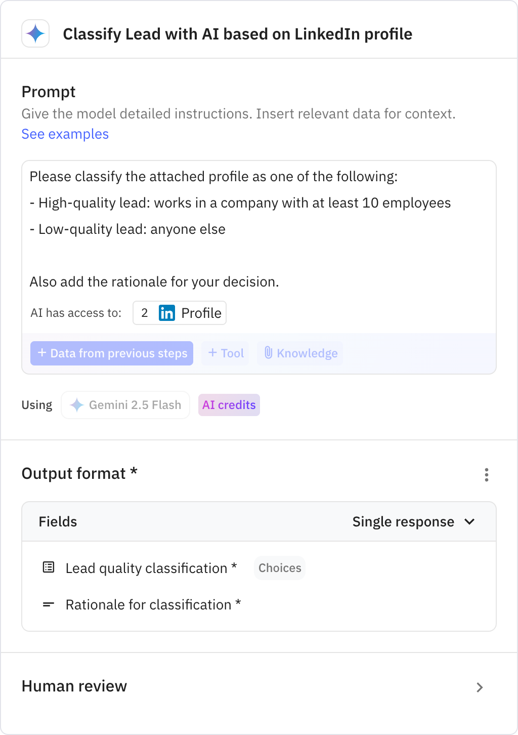Relay.app screenshot of: Classify Lead with AI based on LinkedIn profile