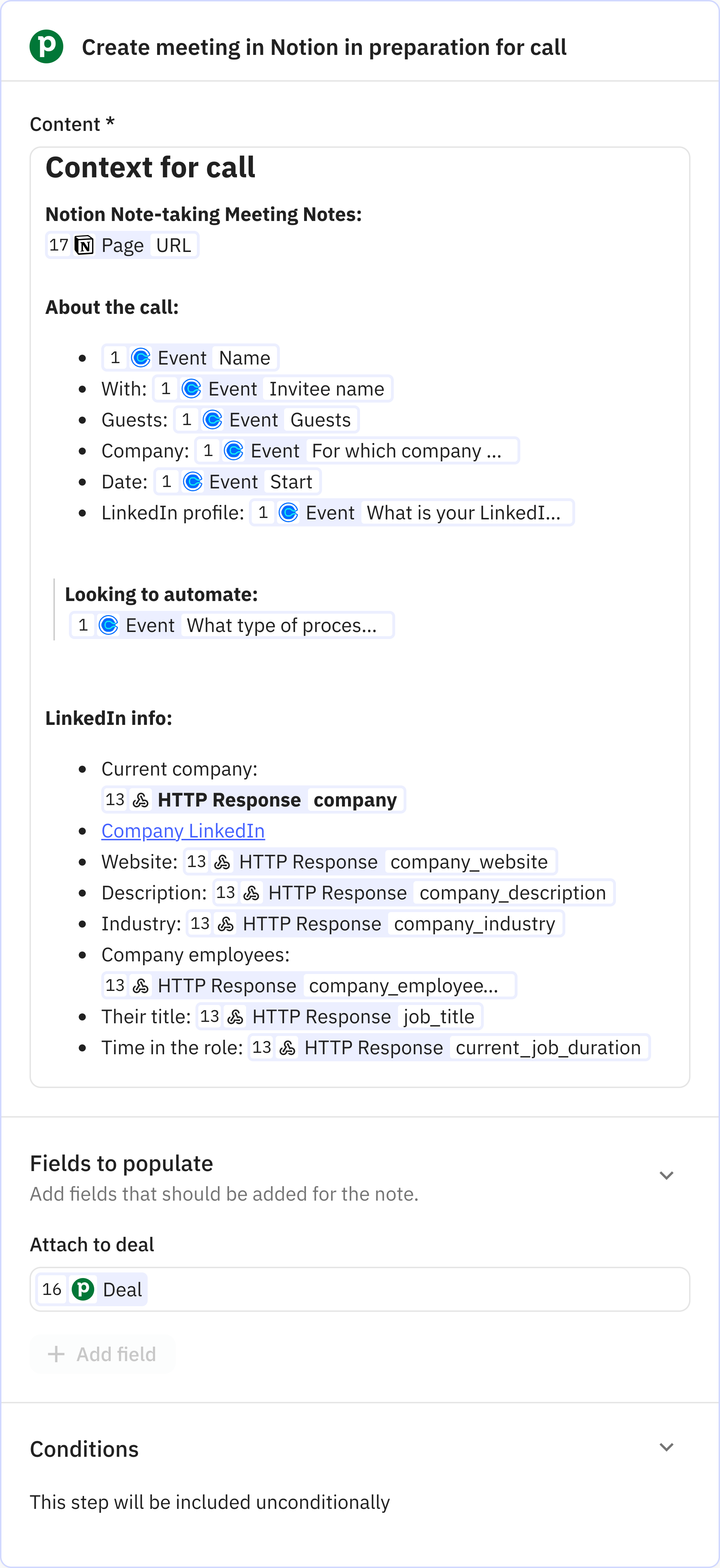 Relay.app screenshot of: Add note to deal before the call