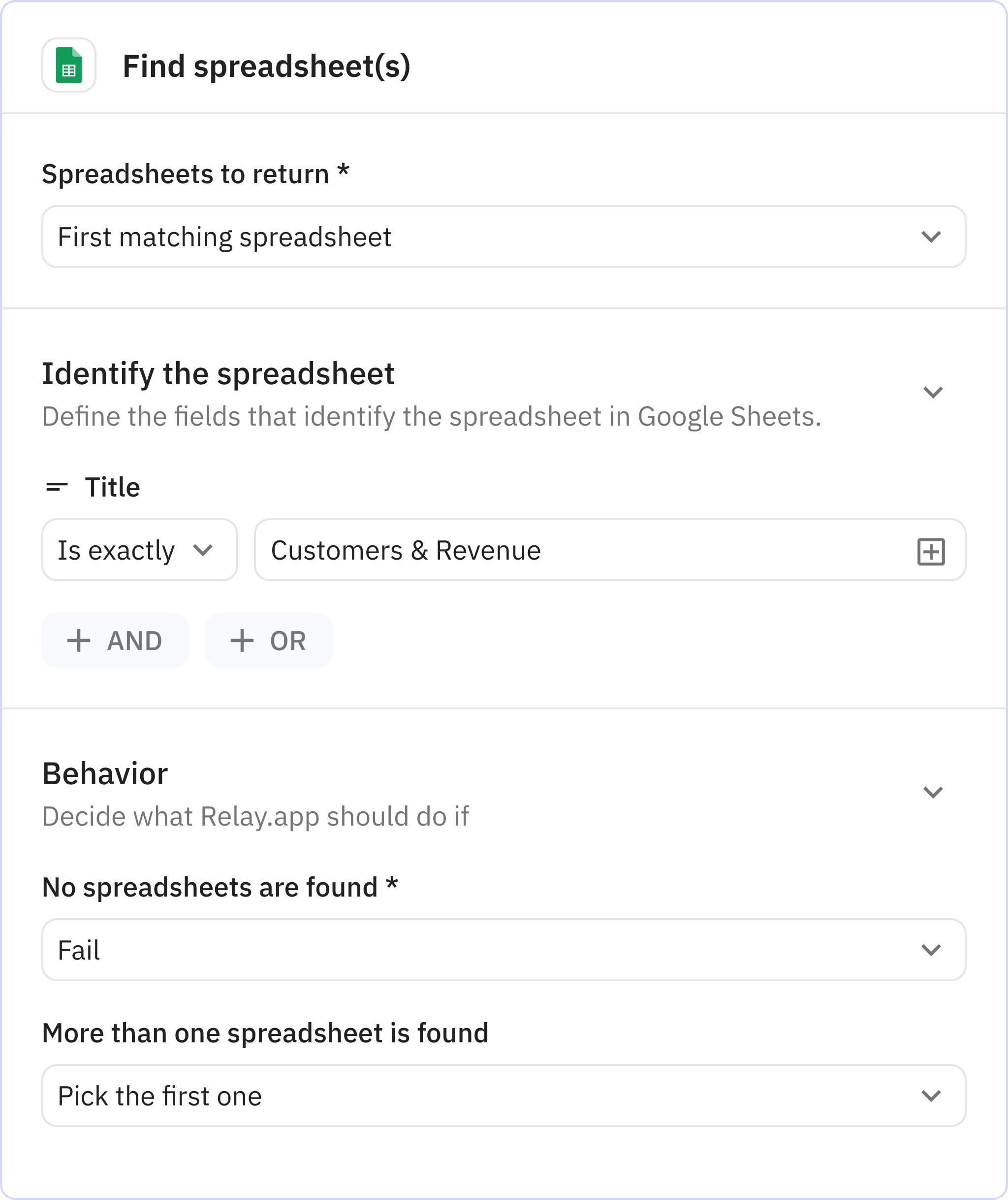 Relay.app screenshot of: Step 2: Find spreadsheet(s)