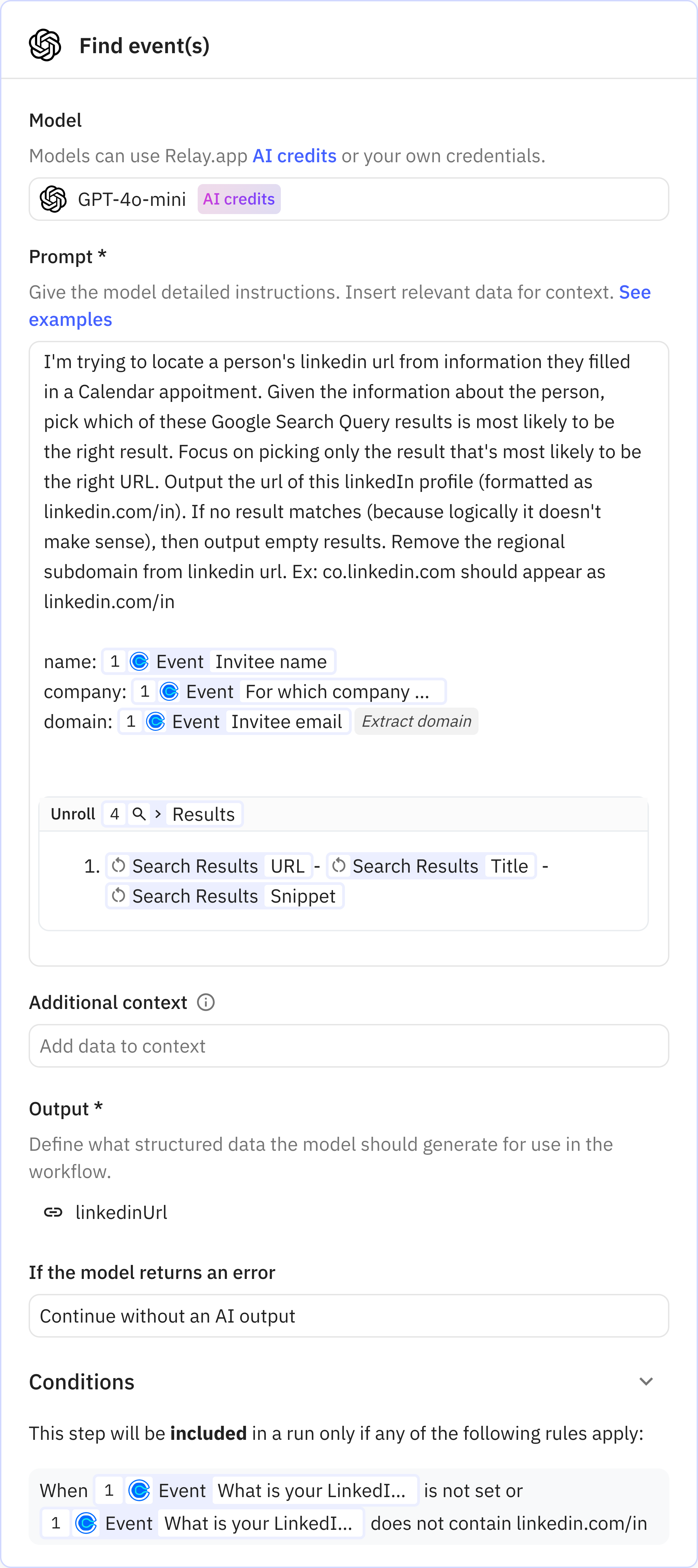 Relay.app screenshot of: Prompt GPT-4o-mini