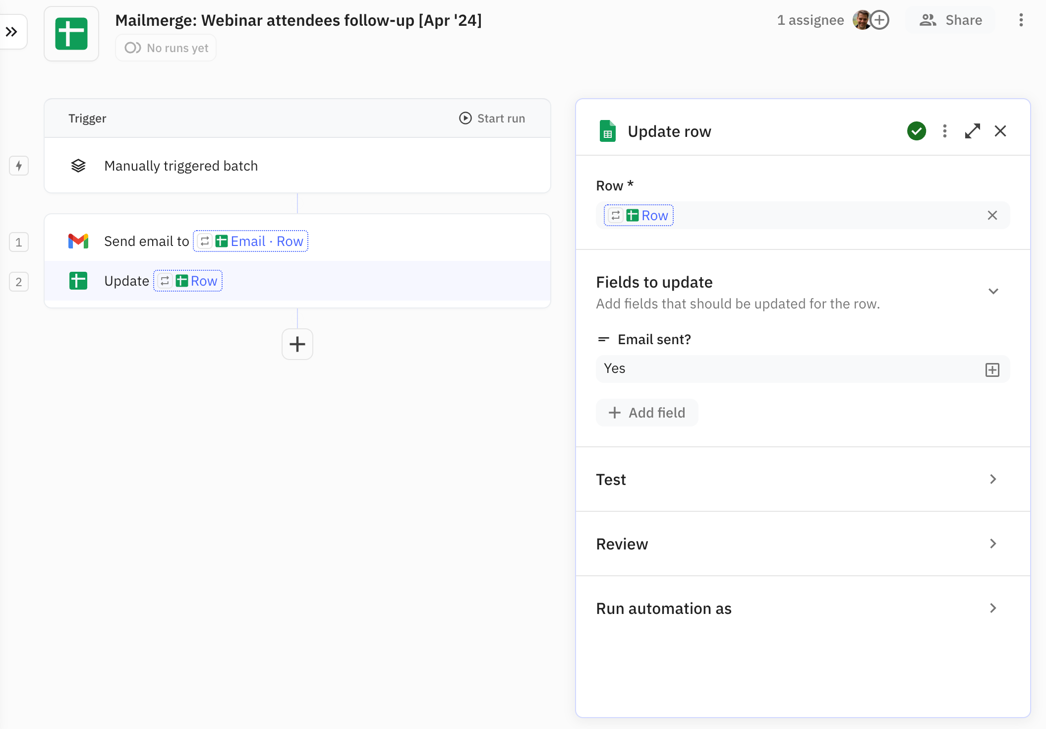 Update the row in the Google Sheet and set the column value for 'Email sent?' to 'Yes'