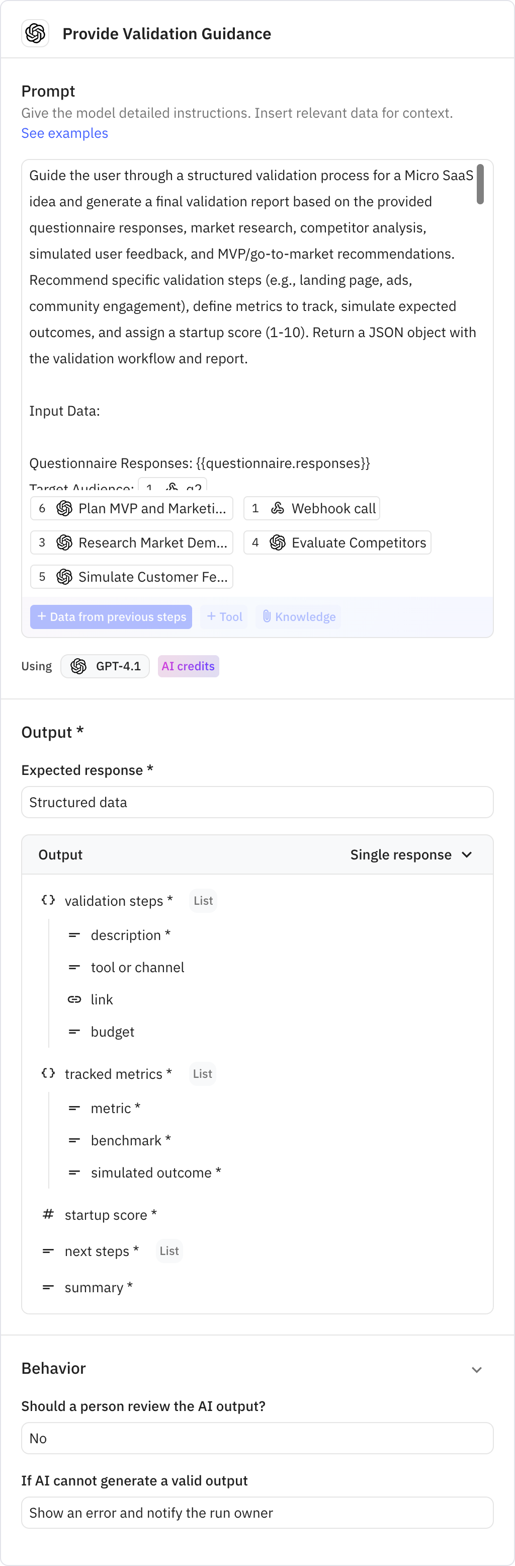 Relay.app screenshot of: Provide Validation Guidance