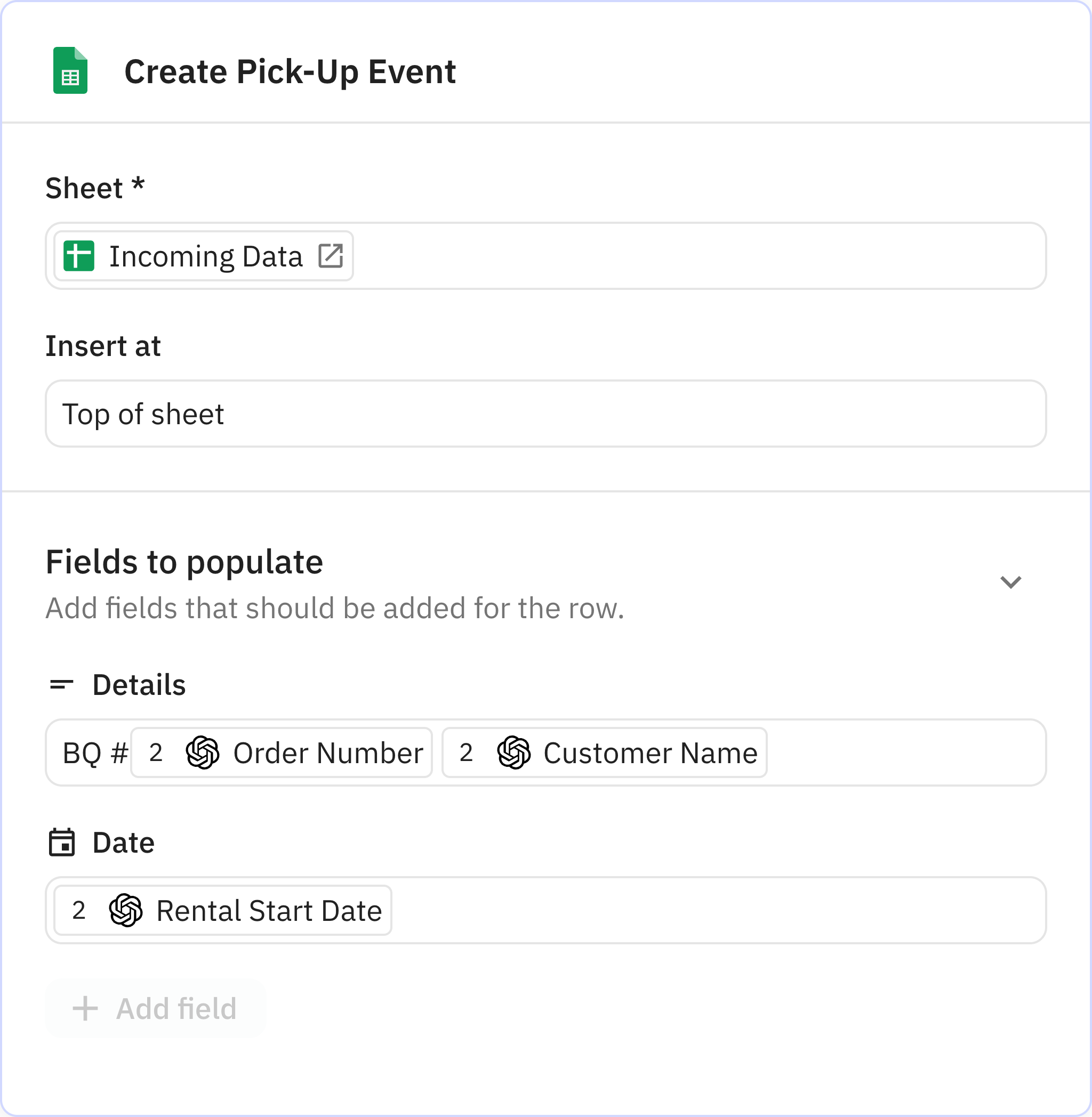 Relay.app screenshot of: Add row to sheet