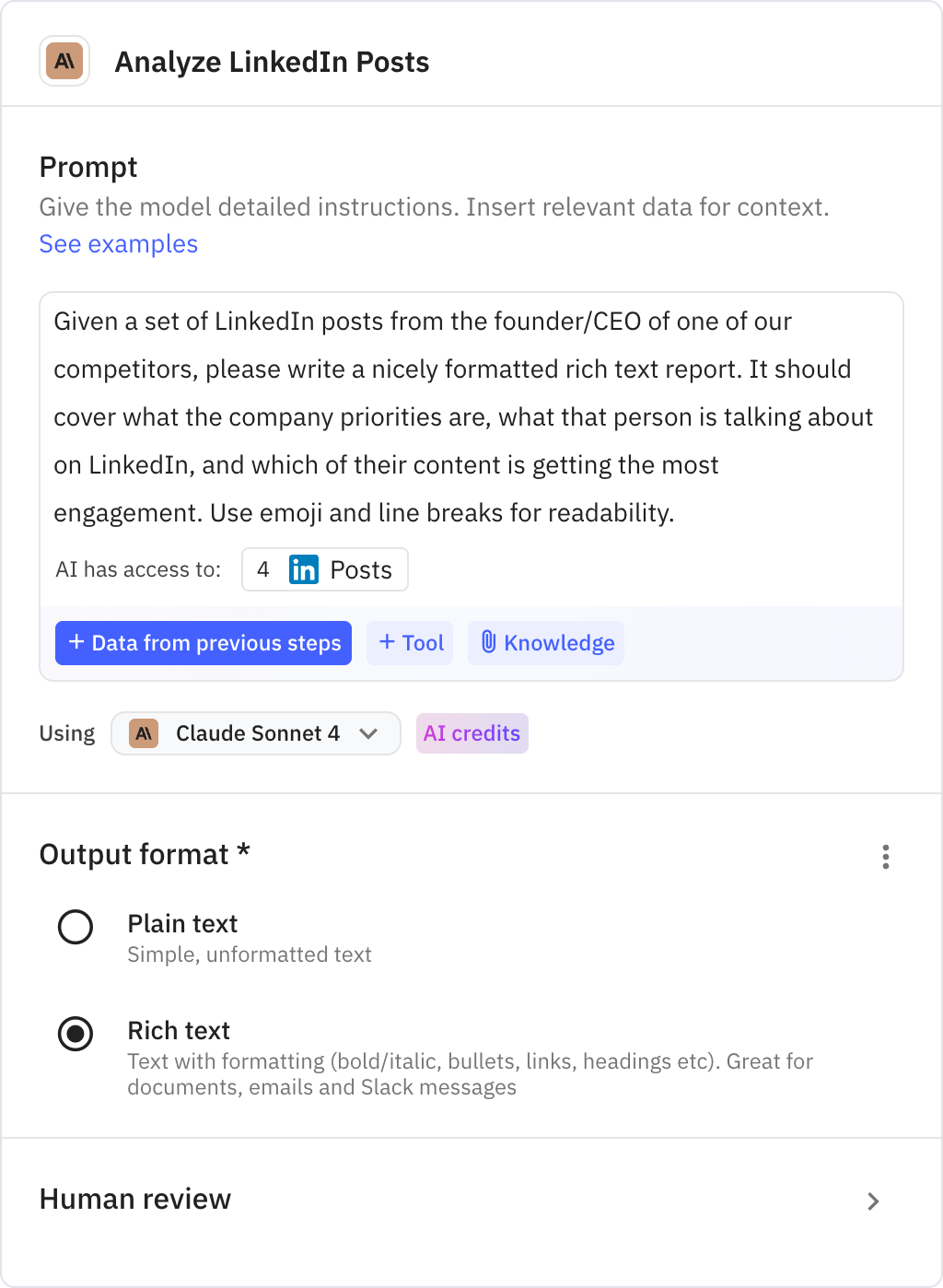 Relay.app screenshot of: Analyze LinkedIn Posts