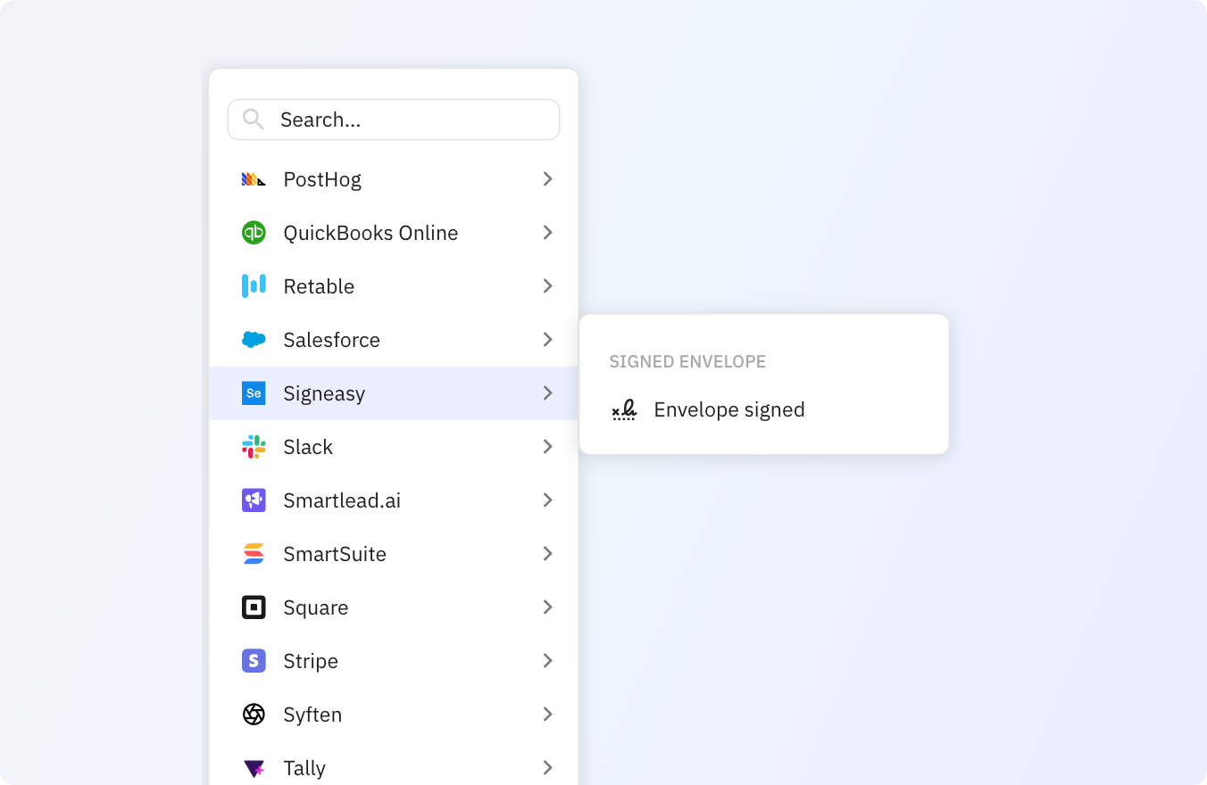Preview of Use Relay.app's Signeasy integrations to trigger actions across your apps