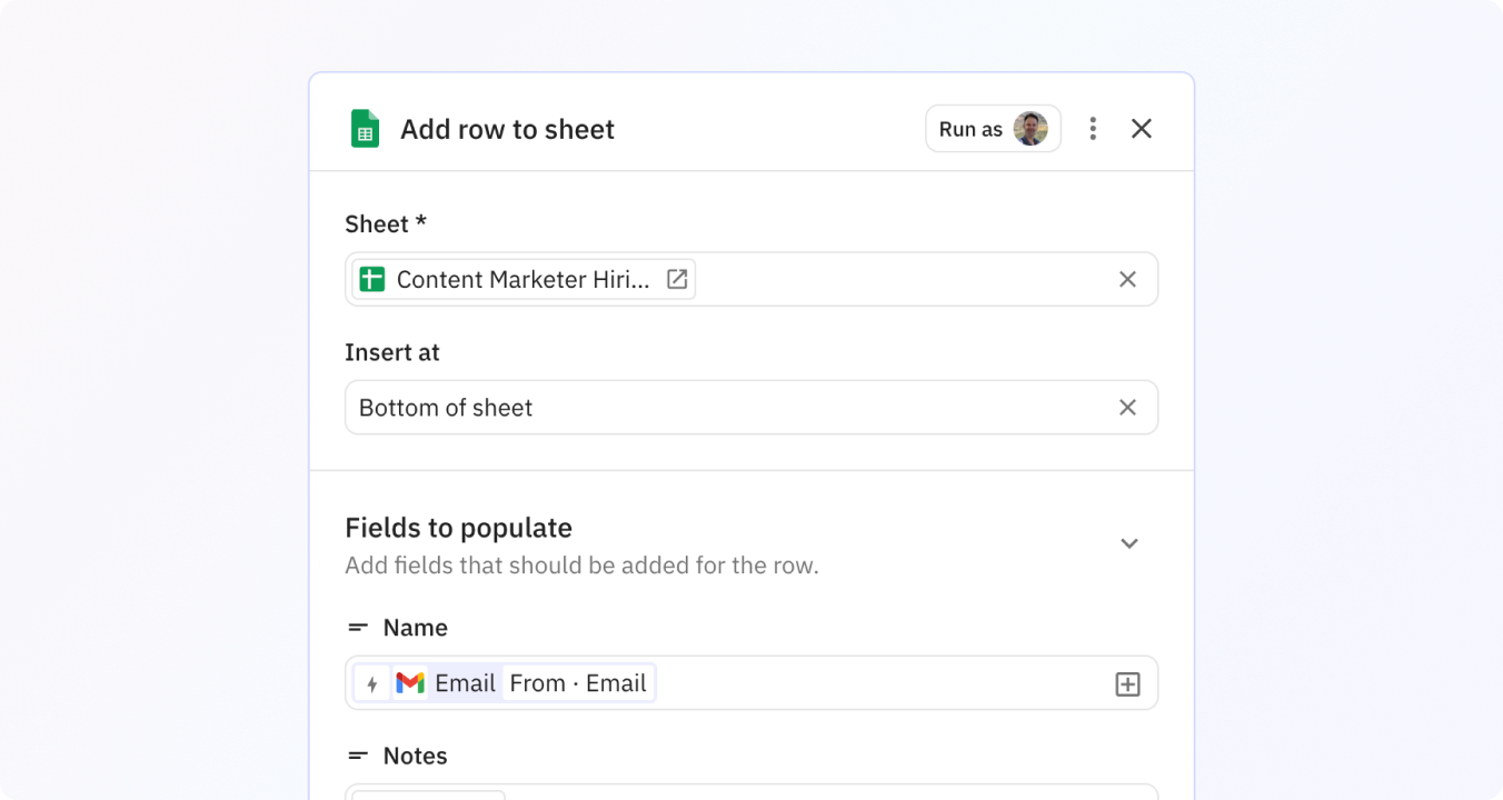 Preview of The Add row to sheet automation lets you easily add new rows to existing sheets