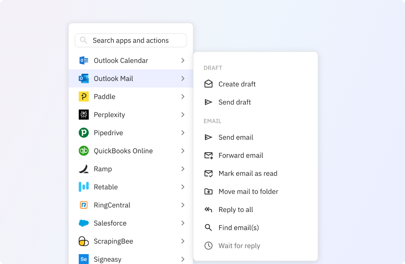 Preview of Use any of these Outlook Mail actions in your Relay.app workflows.