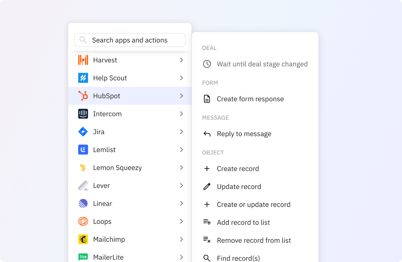 Preview of Use any of these HubSpot actions in your Relay.app workflows.
