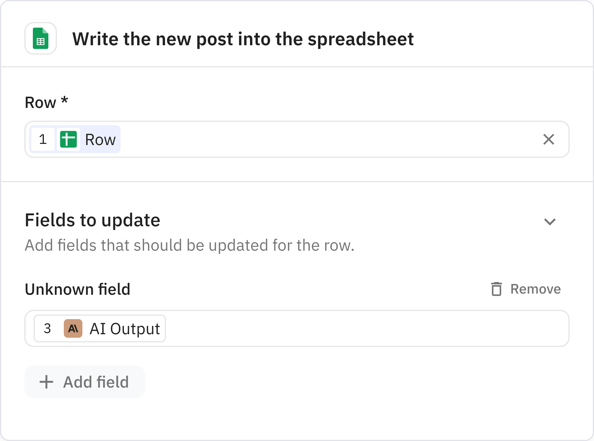 Relay.app screenshot of: Write the new post into the spreadsheet