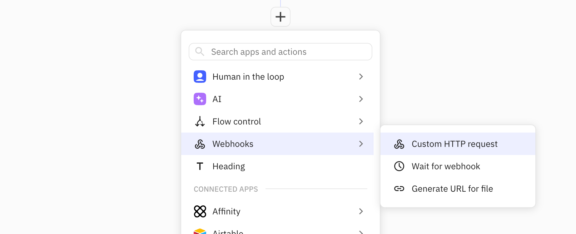 The 'Custom HTTP request' step can be found in the 'Webhooks' submenu