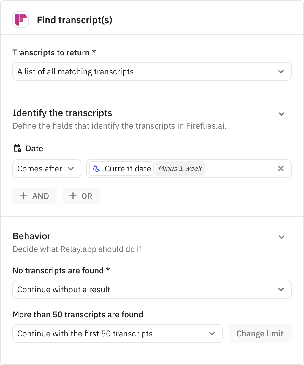 Relay.app screenshot of: Find transcript(s)