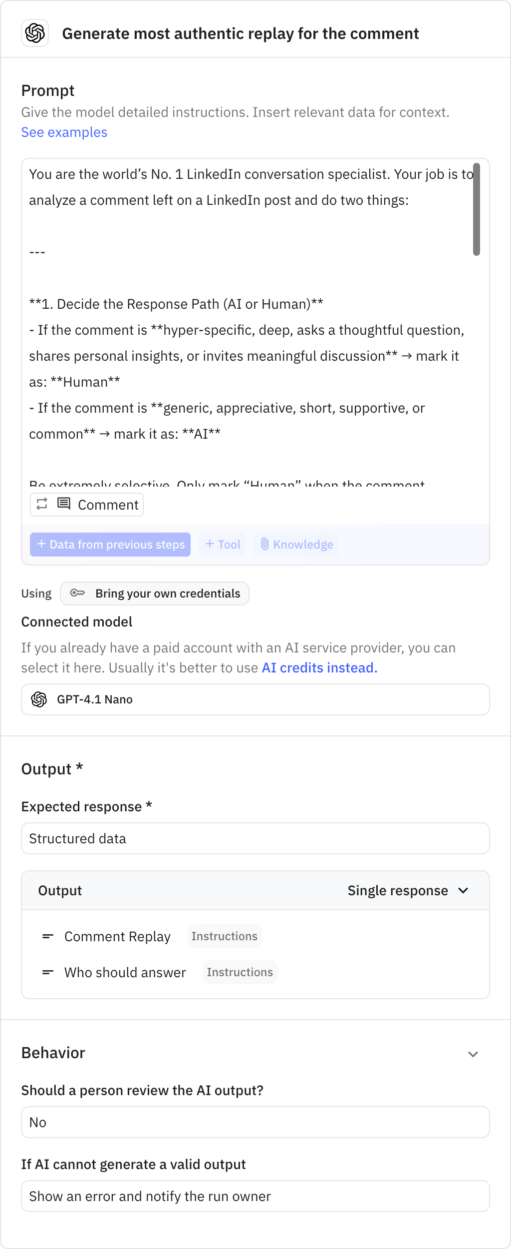 Relay.app screenshot of: Generate most authentic replay for the comment