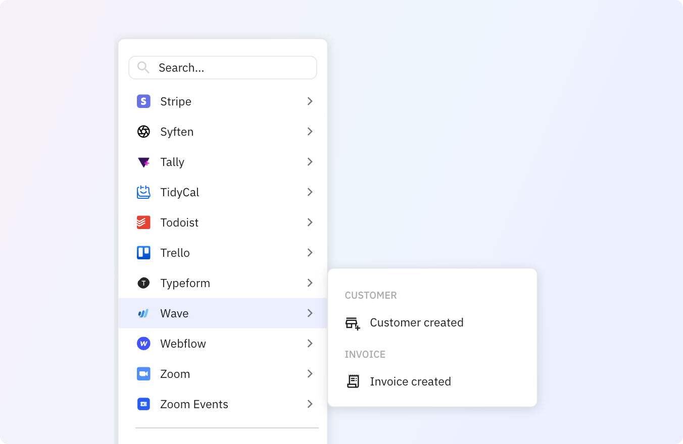 Preview of Trigger actions in your other apps from customers or invoices created in Wave