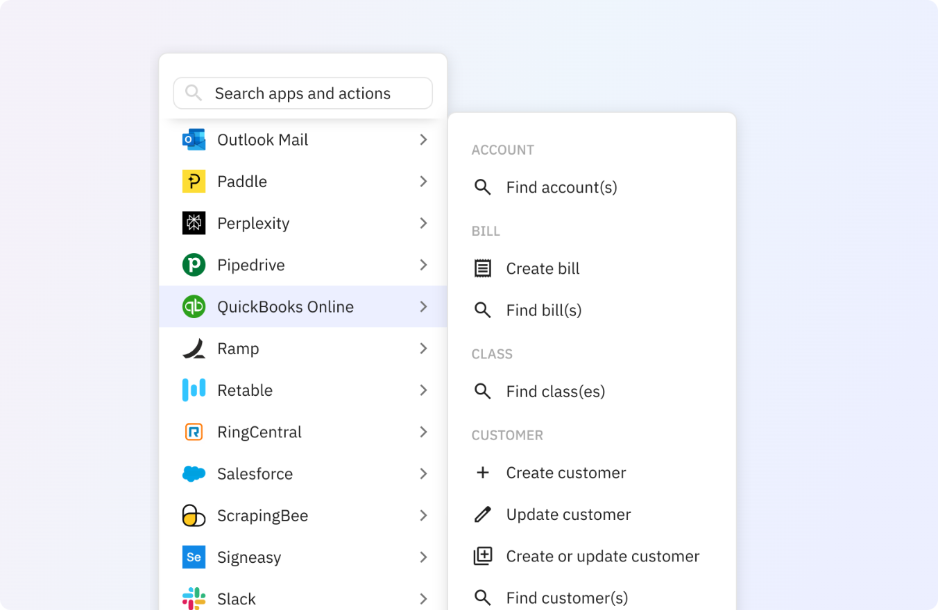 Preview of Use any of these QuickBooks actions in your Relay.app workflows.