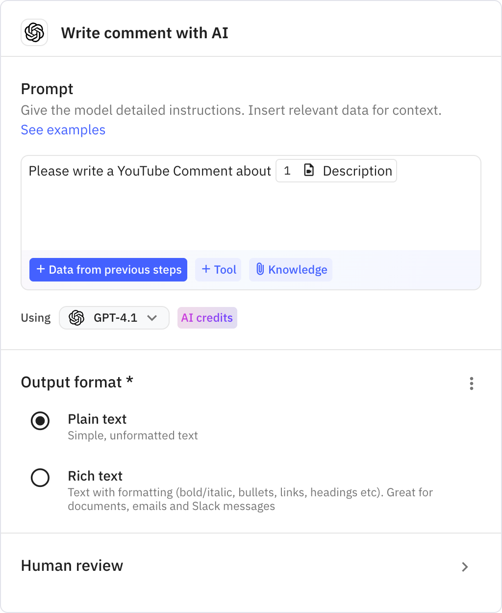 Relay.app screenshot of: Write comment with AI