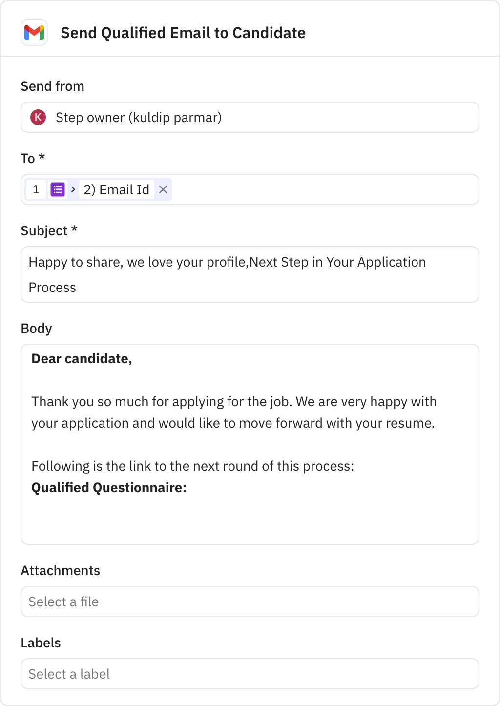 Relay.app screenshot of: Send Qualified Email to Candidate