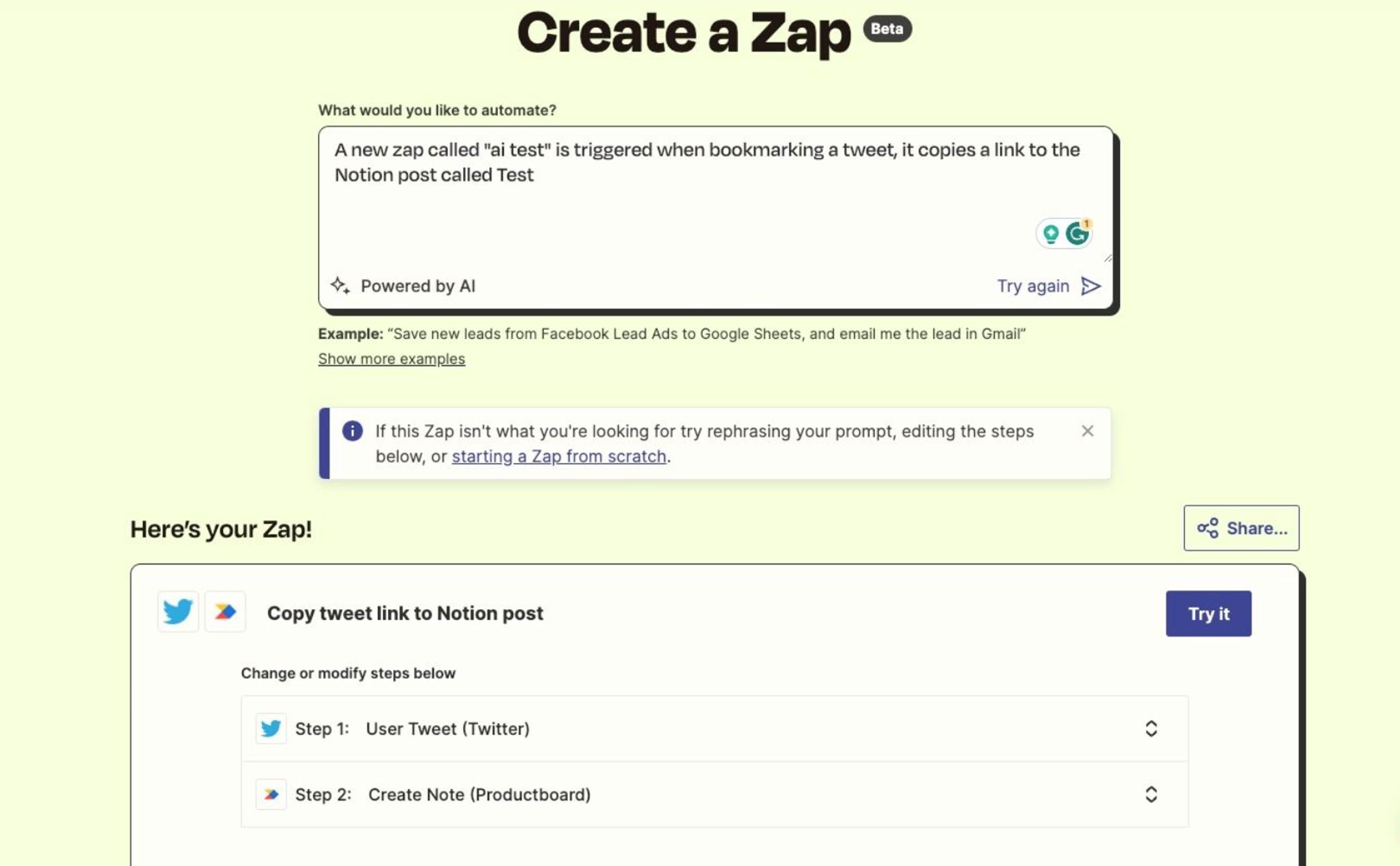 AI Zap creator in Zapier