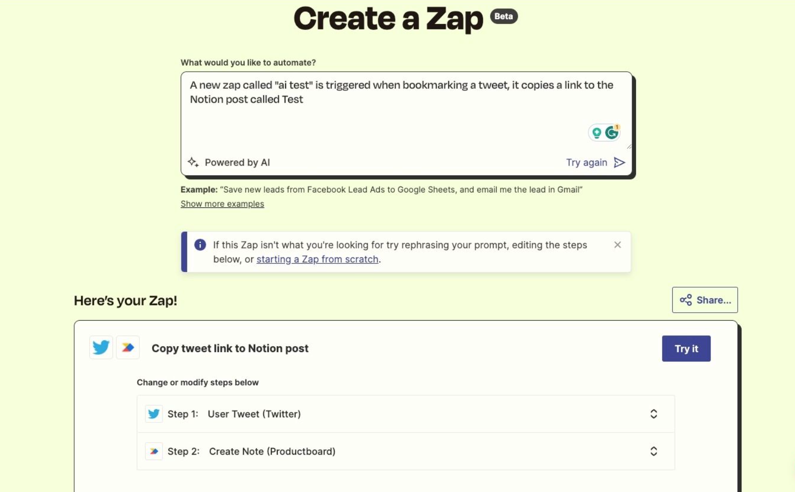 AI Zap creator in Zapier