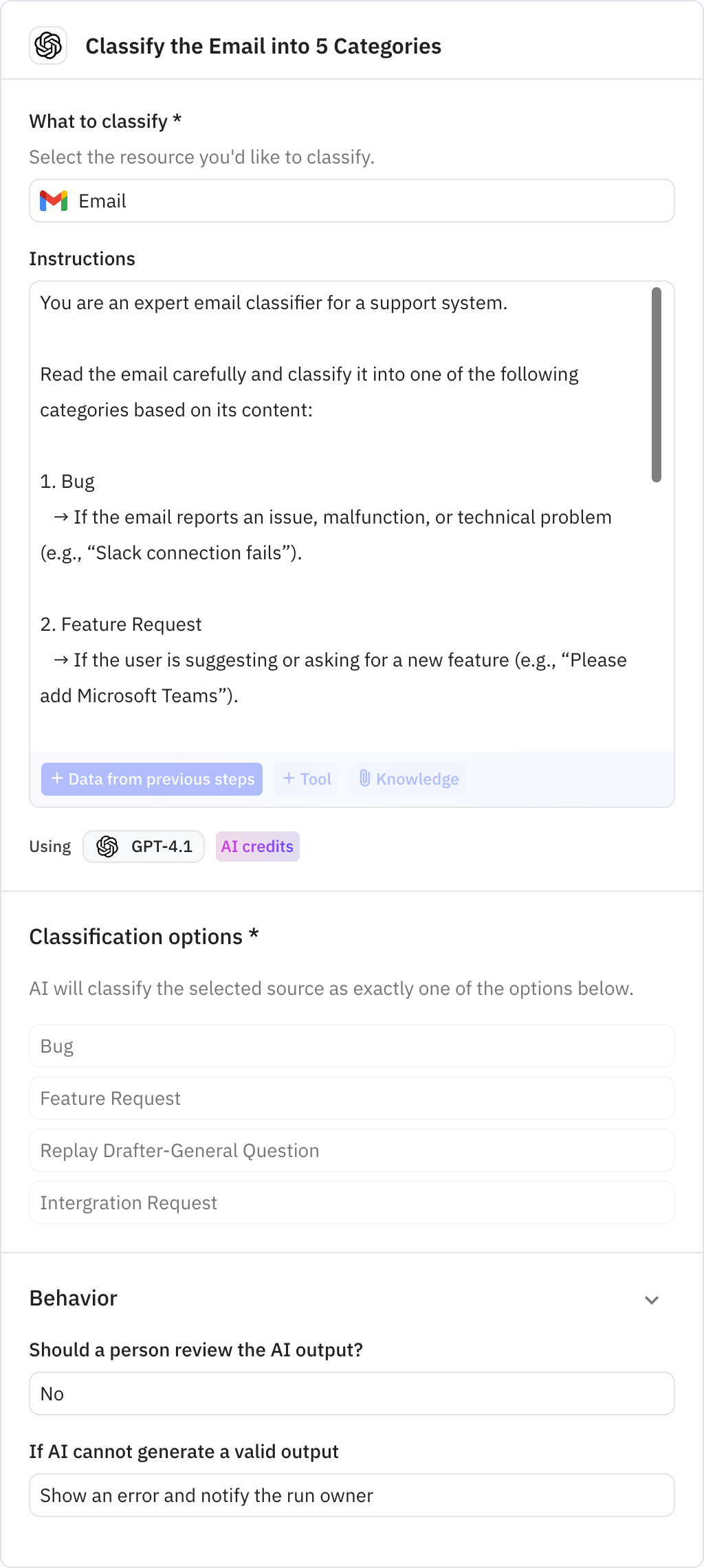 Relay.app screenshot of: Classify the Email into 5 Categories
