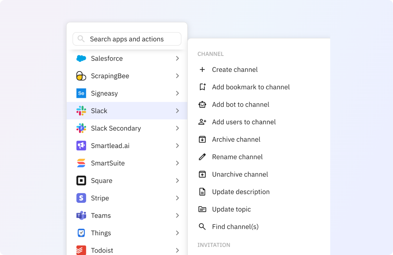Preview of Use any of these Slack actions in your Relay.app workflows.