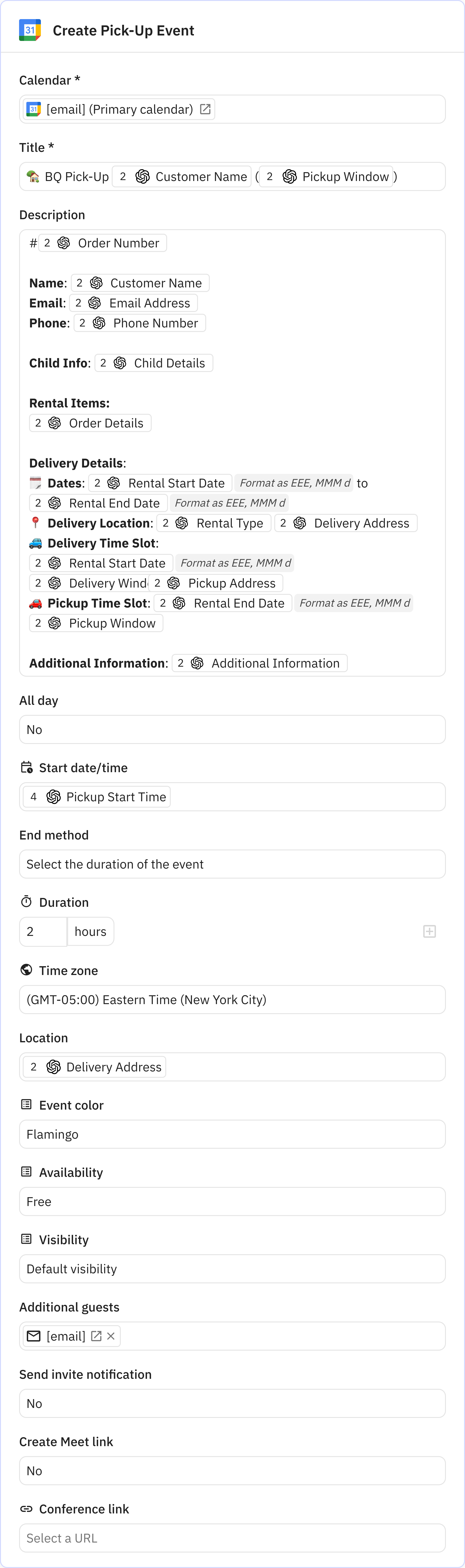 Relay.app screenshot of: Create Pick-Up Event