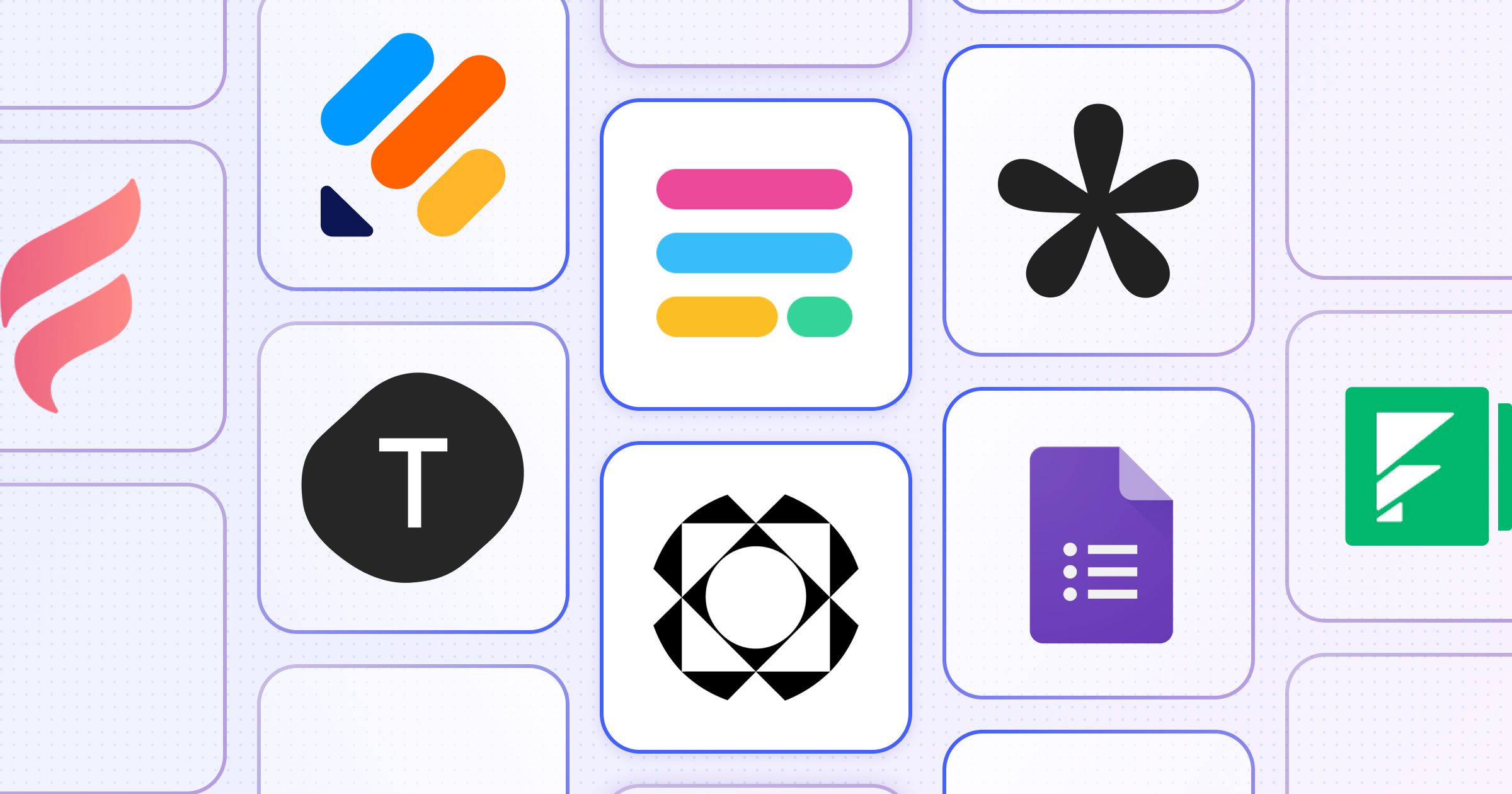 Graphic of online form builder software, including Feathery, Jotform, Typeform, Tally, Paperform, Fillout, Google Forms, and Formstack