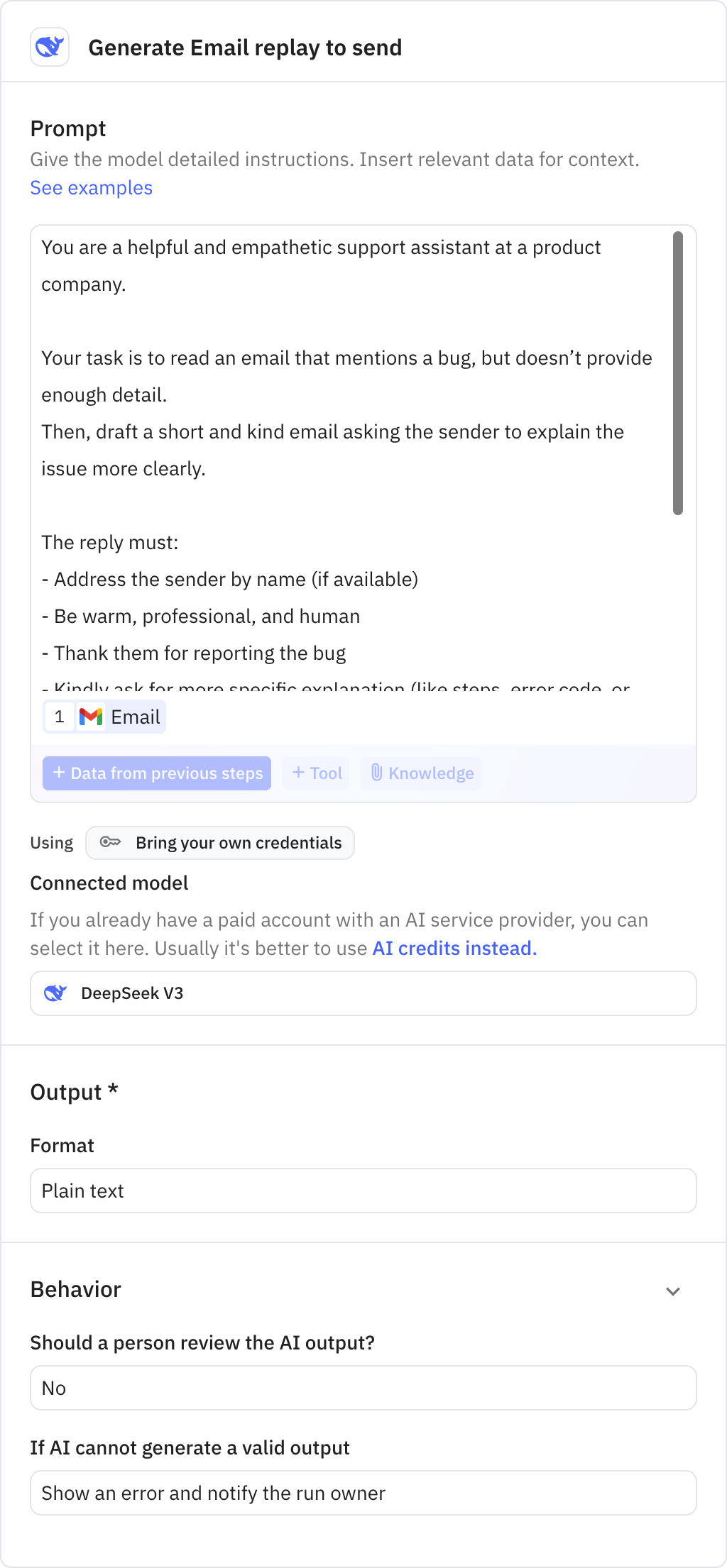 Relay.app screenshot of: Generate Email replay to send