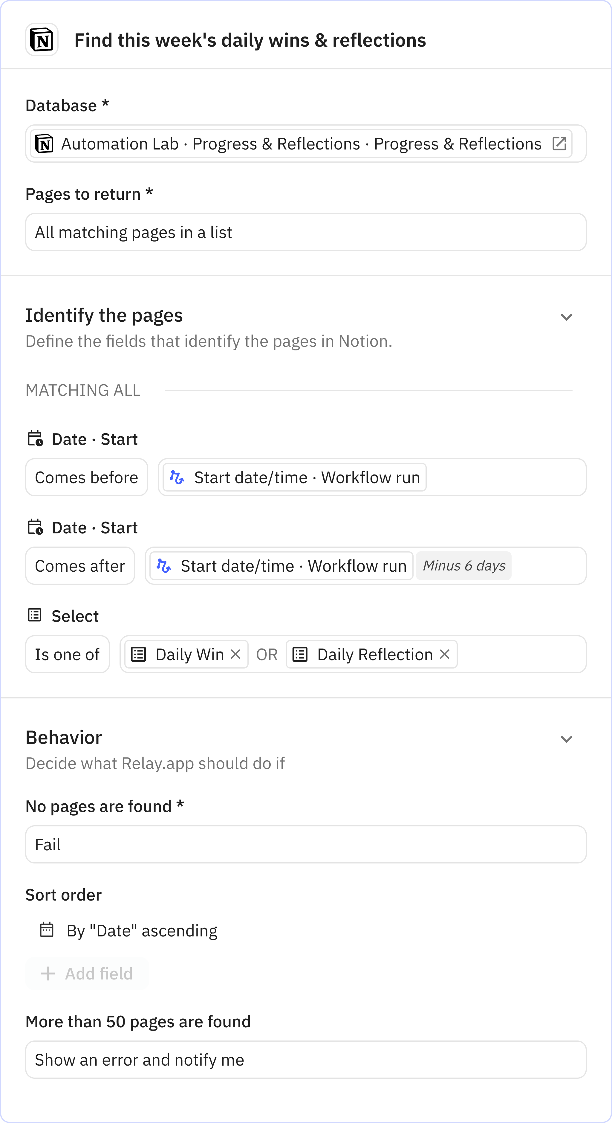 Relay.app screenshot of: Find this week's daily wins & reflections