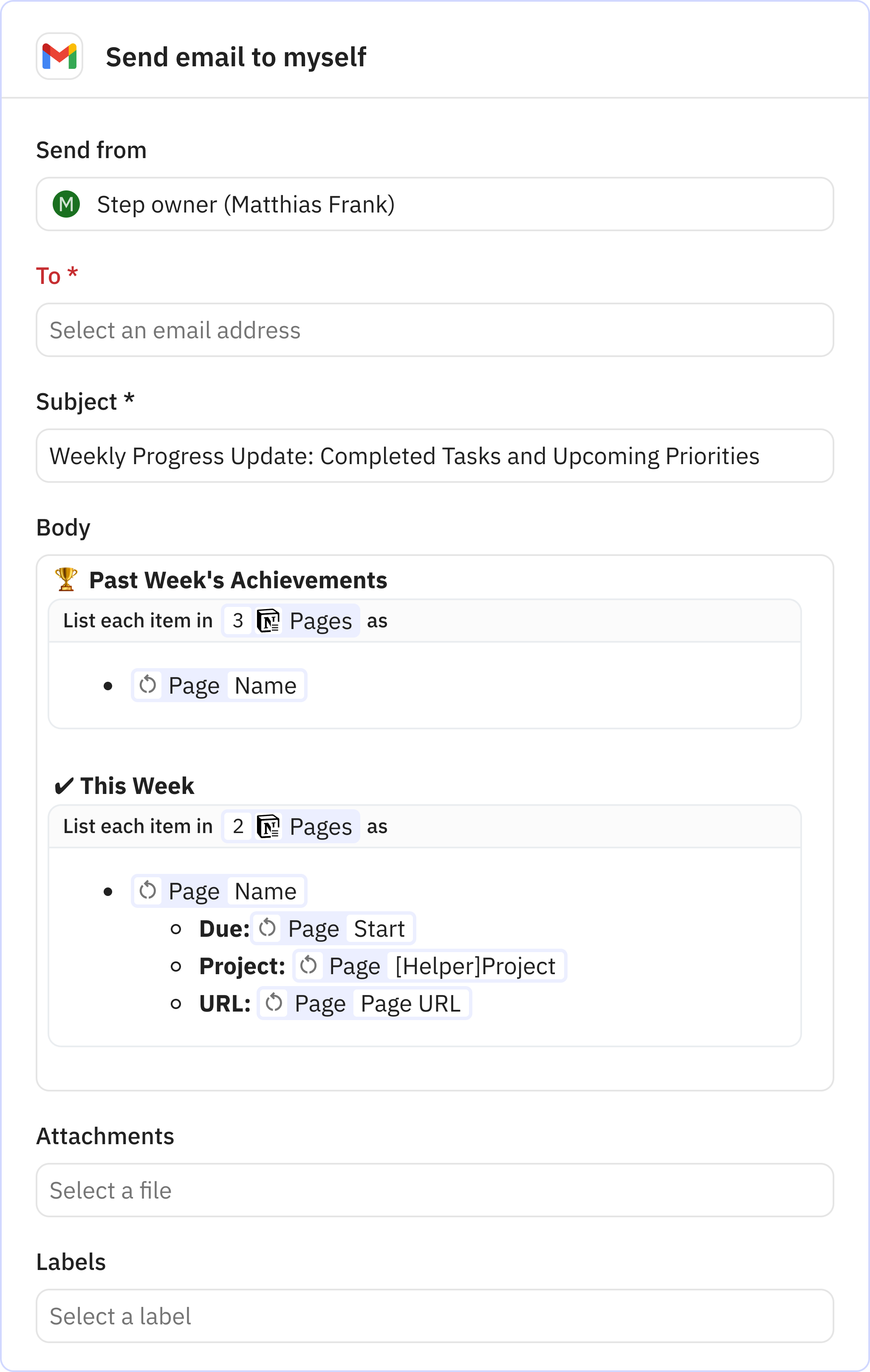 Relay.app screenshot of: Send email to myself