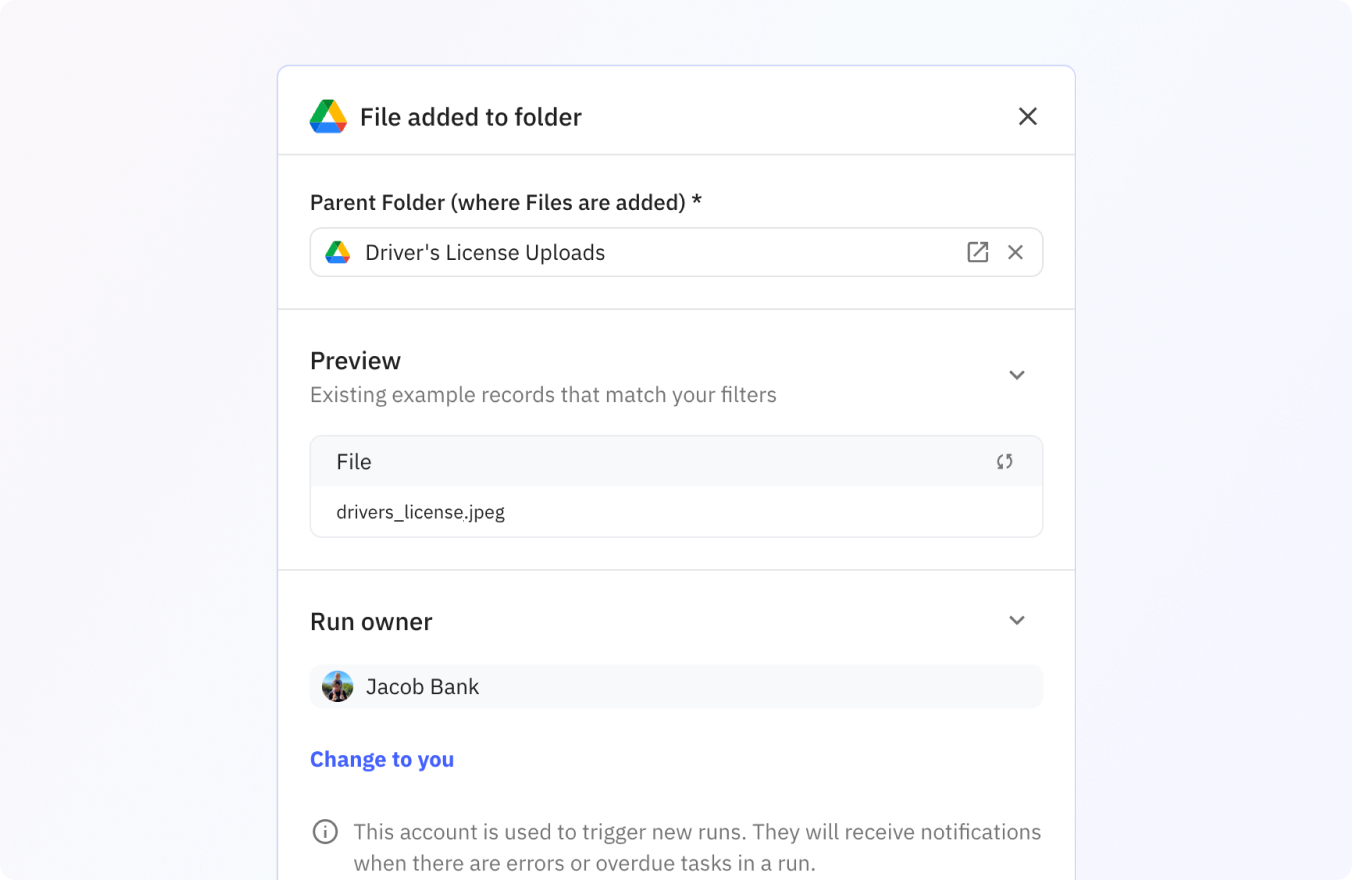 Preview of Trigger a new workflow when a new file has been added to a folder in Google Drive.