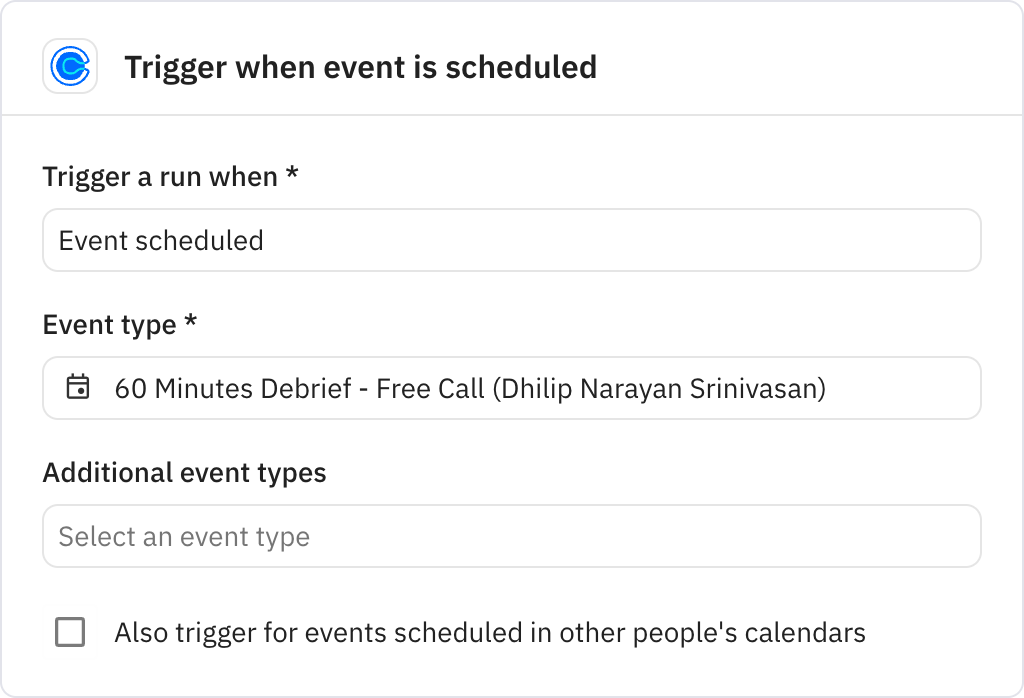 Relay.app screenshot of: Trigger when event is scheduled