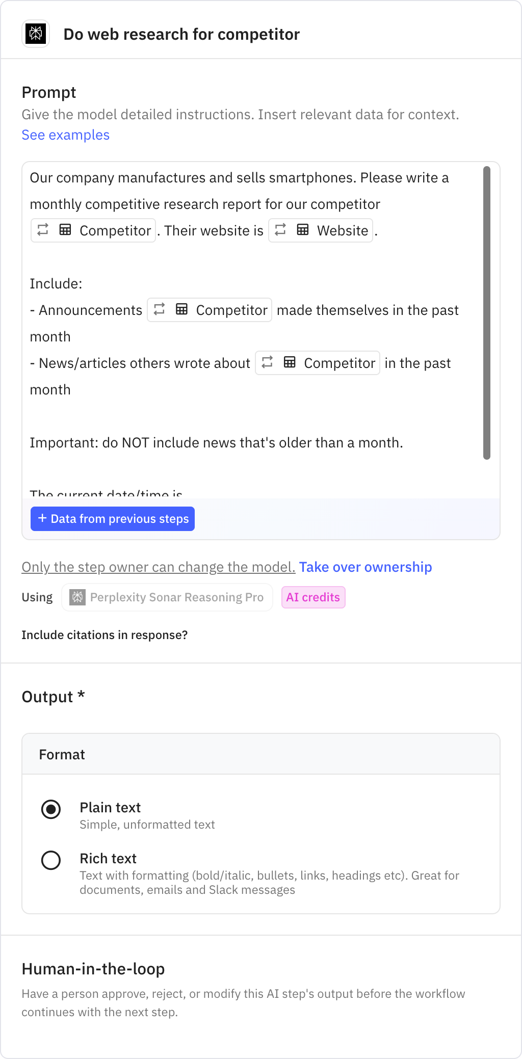 Relay.app screenshot of: Do web research for competitor