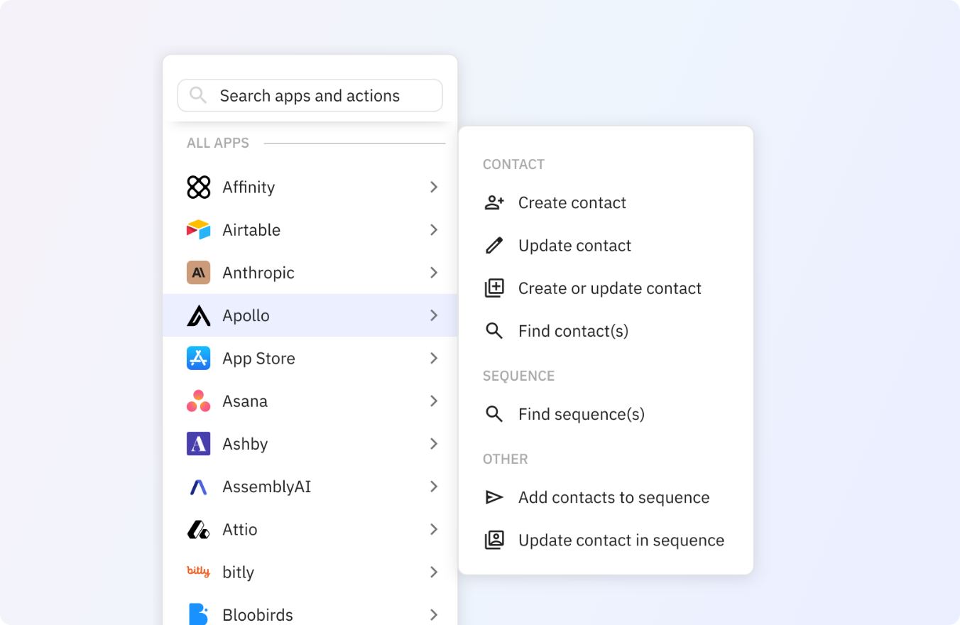 Use any of these Apollo actions in your Relay.app workflows.