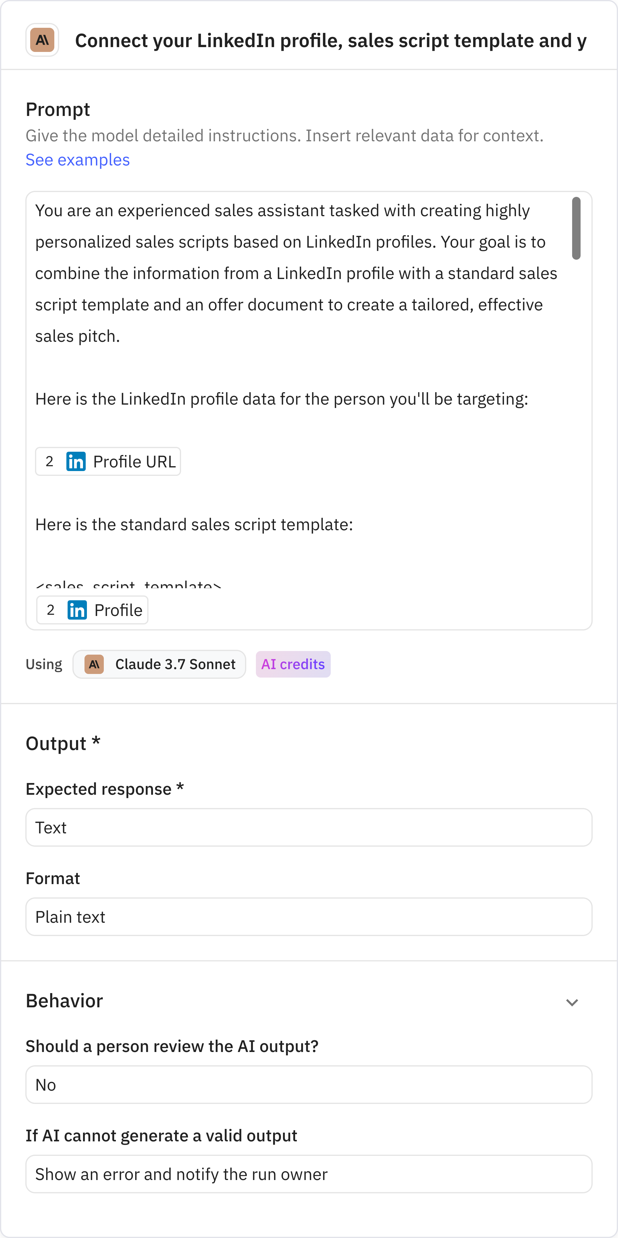Relay.app screenshot of: Connect your LinkedIn profile, sales script template and your offer doc and refer to those files in the prompt. (use your sales script and offer doc)