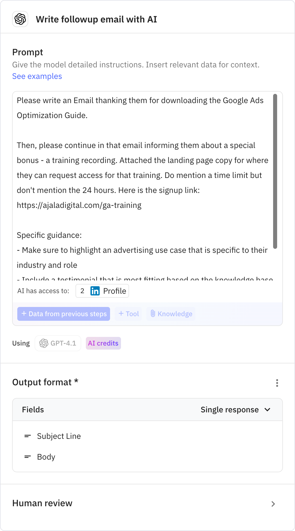 Relay.app screenshot of: Write followup email with AI