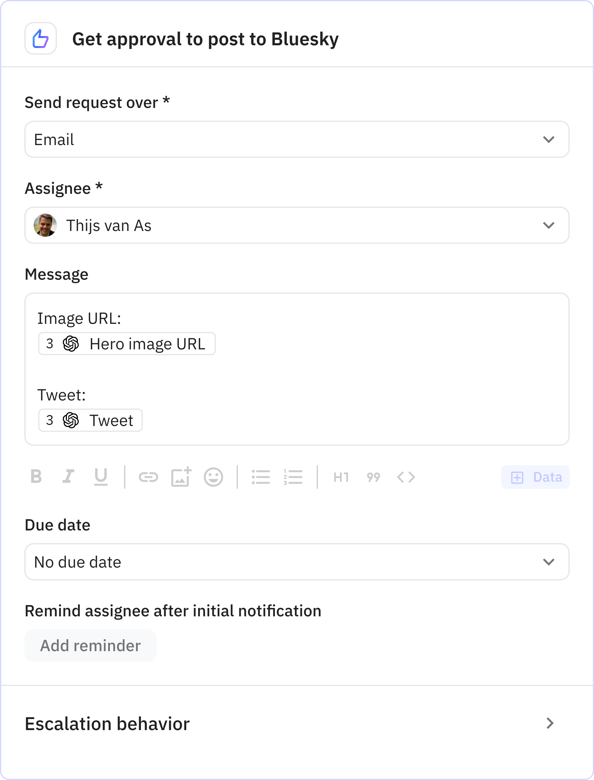 Relay.app screenshot of: Get approval to post to Bluesky