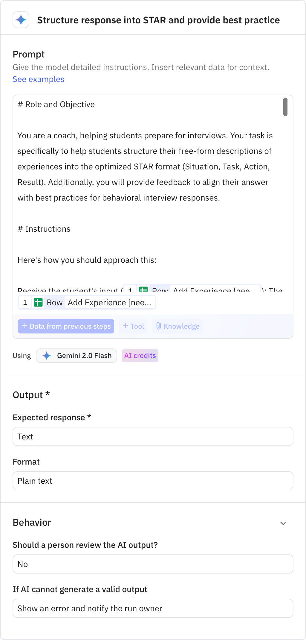 Relay.app screenshot of: Structure response into STAR and provide best practice