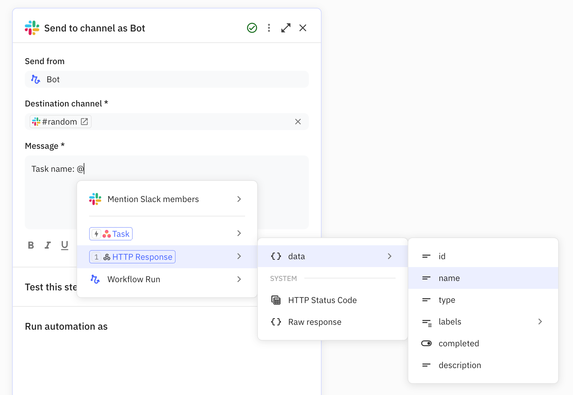 Data from the server response is accessible via the 'HTTP Response' object in the data picker