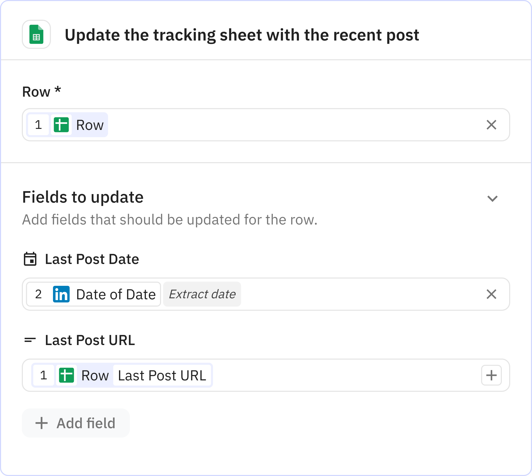 Relay.app screenshot of: Update the tracking sheet with the recent post