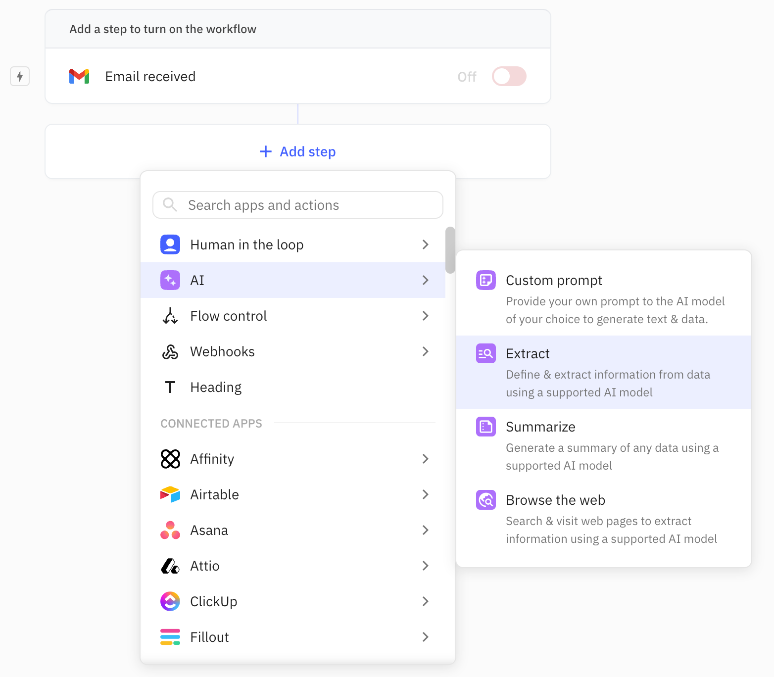 Add an 'AI Extract' step to extract data from a source